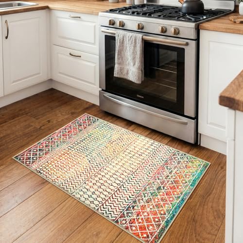 Moroccan Small Rug for Bedroom, 2x3 Colorful Rug Non-Slip Washable Indoor Door Mat, Soft Low-Pile Distressed Kitchen Mat Floor Carpets for Bedside Kitchen Entryway Bathroom - color: Multi Color, size: 2' x 3' (Rectangular)