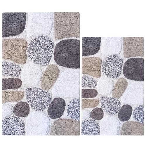 Ramanta Home Pure Cotton Pebble Stone Bath Rug Set of 2 - Light Grey, Super Soft Anti Skid Absorbent Bath Rug for Bathroom, Kitchen, Shower, Bath Tub, Machine Washable - 21x32 & 17x24 Inch - color: Light Grey, size: 21" x 32" & 17" x 24" (Set of 2)