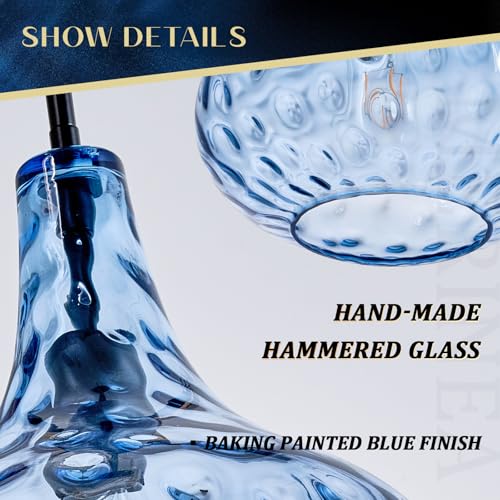 11" Hand-Blown Blue Glass Pendant Light, Hammered Glass Shade with Black Finish, Adjustable Modern Hanging Light Fixture for Kitchen Island, Dining Room, Hallway, Living Room - color: Blue Rod