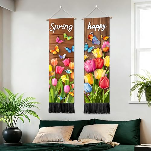 seewan 2 Pack Long Vertical Wall Tapestry, Boho Nature Landscape & Floral Aesthetic Wall Hanging for Bedroom Living Room Home Decor, Long Narrow Art Tapestry with Sunrise Mountain Botanical Designs, 13" × 51" (Spring Tulip Meadow, 13"Wx51"H, Unframed) - c