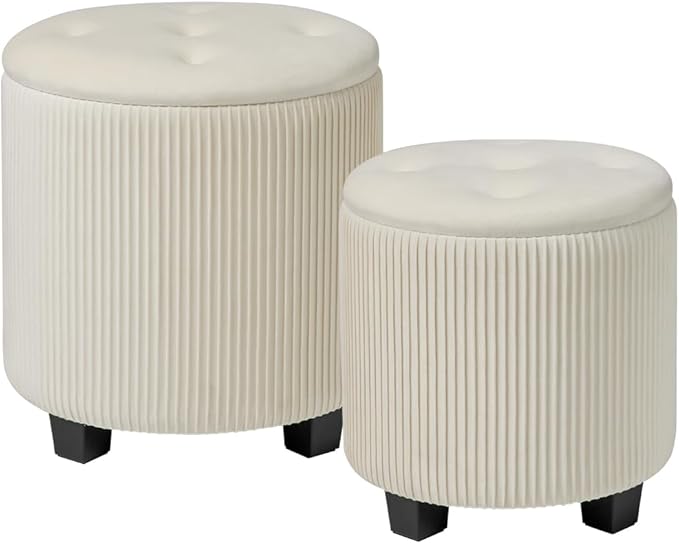 Big Round Ottoman with Storage Set of 2, Upholstered Velvet Vanity Stool for Makeup Multifunctional Foot Rest Coffee Table Padded Seat Tufted Ottomans for Living Room&Bedroom (Large White)