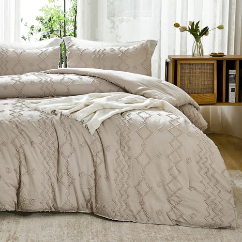 Andency Khaki Tufted Comforter Set Twin, 2 Pieces(1 Boho Comforter, 1 Pillowcase) Textured Farmhouse Bedding Set with Soft Down Alternative Geometric Pattern - color: 01 - Khaki, size: Twin (66"x90")