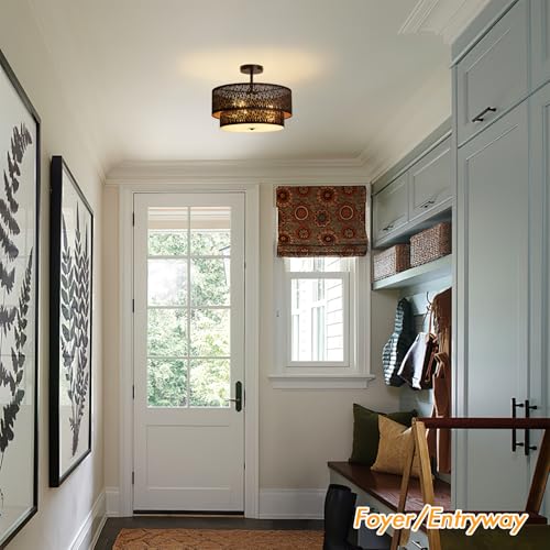 Modern Black Linen Drum Semi Flush Mount Ceiling Light with Pierced Design, Perfect Lighting Fixture for Bedroom, Dining Room, Kitchen, Living Room, or Hallway Chandelier Lamp - color: Black