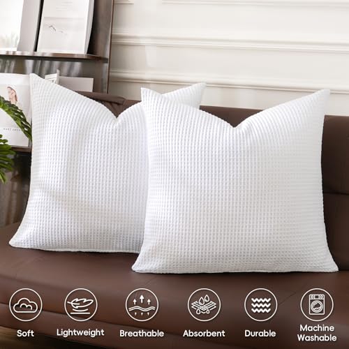 PHF 100% Cotton Waffle Weave Euro Shams 26" x 26", No Filling, 2 Pack Elegant Home Decorative Euro Throw Pillow Covers for Bed Couch Sofa, White - color: White, size: 26" x 26" (Pack of 2)