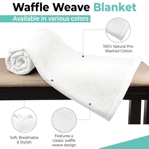 100% Cotton Blankets for Bed - Waffle Weave Blankets for Summer, Lightweight and Breathable Soft Woven Blanket for Spring (White, Queen (90" x 90")) - color: White, size: Queen (U.S. Standard)