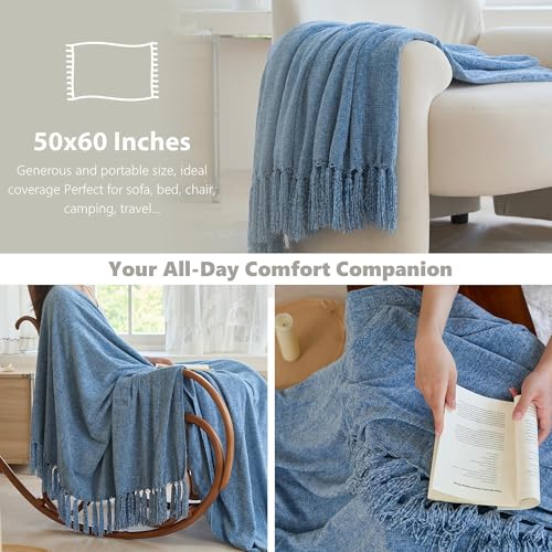 Simple&Opulence Soft Chenille Throw Blanket 50'' x 60'' - Cozy Fluffy Blanket with Fringe Tassel, Farmhouse Boho Blankets for Couch Bed Office Chair Gift Home Decor All Season Use, Blue - color: Blue