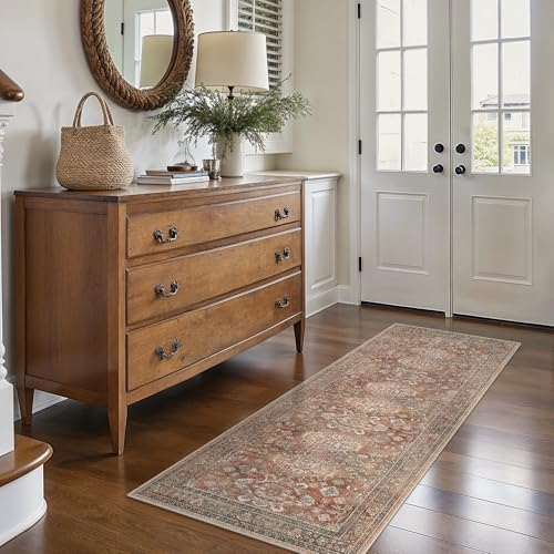 Bavni Washable Runner Rug 2x7, Non Slip Long Hallway Rug, Vintage Print Low Pile Ultra Thin Washable Carpet for Kitchen Bedroom, Brick - color: Brick, size: 2' x 7' (Rectangular)