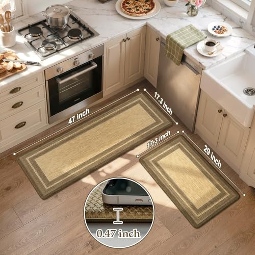KIMODE Anti Fatigue Kitchen Mats for Floor, Farmhouse Kitchen Rugs Sets of 2, Cushioned Kitchen Floor Mats, Brown/Khaki Laundry Room Mat, Comfort Standing Mat for Sink Office Desk 17"x47"+17"x29" - color: Brown/Khaki, size: 17.3" x 47 "+ 17.3" x 29 "--0.4