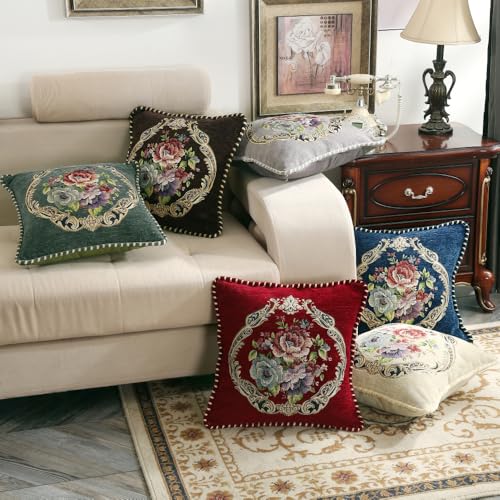 Set of 2 Blue Vintage Floral Throw Pillow Covers, Chenille Victorian Embroidered Cushion Covers for Sofa Couch, 18x18 Inch Square Decorative Pillowcases for Living Room,Bedrom - color: Blue