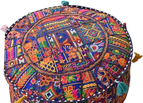 Indian Pouf Footstool Ethnic Embroidered Pouf Cover, India Cotton Round Pouffe Ottoman Pouf Cover Pillow Ethnic Decor Art-Cover Only-Indian Ottoman poufs - color: Blue Rajkoti, size: 18"D x 18"W x 14"H