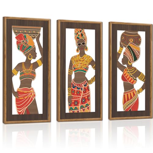 KAIRNE African American Wall Sign,Southwestern Orange Wooden Wall Art,Set of 3(8”X16”) Framed,Black Women Wood Bohemian Hanging Decor,Boho African Tribe Artwork for Living Room Bedroom Decor - color: African, size: 8"L x 16"W