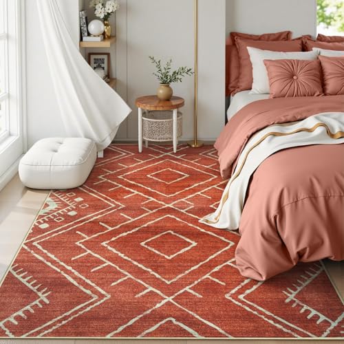 LIVEBOX Western 5x7 Area Rug, Washable Orange Rugs for Living Room Bedroom, Soft Non Slip Moroccan Tribal Rug Geometric Boho Area Rugs Diamond Carpet for Dining Room Home Office Decor (Brick Red) - color: Brick Red, size: 5‘ x 7'