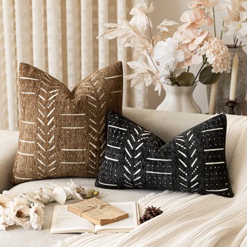 Home Décor Decorative Boho Chenille Throw Pillow Covers,Neutral Cozy Lumbar Cushion Covers,Textured Soft Farmhouse Pillowcase for Couch Sofa Chair Bed Living Room,12×20 Inch, Set of 2, Black - color: Black, size: 20" x 12" (Pack of 2)