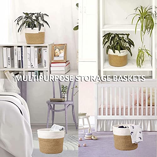 Cotton Rope Plant Basket Modern Hand Woven Planter for 8 Inch Flower Pot Floor Indoor Planters Foldable Storage Organizer Basket Rustic Home Decor White Stitching Khaki W 8.5" x H 7.5"