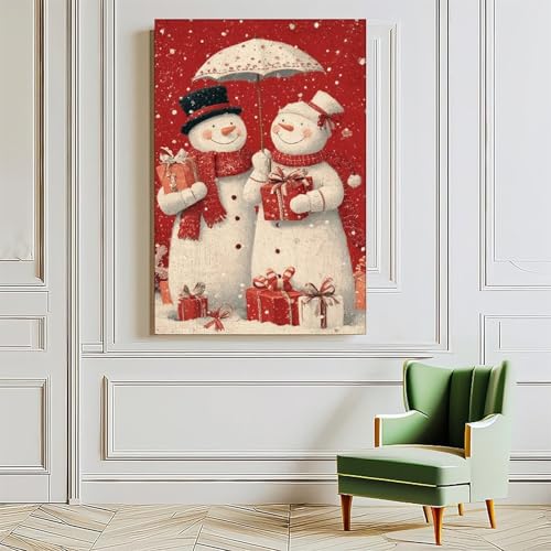 JDBeehpy Snowman Couple Holding Gifts Under Umbrella Frame Canvas Print Poster Christmas Wall Artwork Painting Warm, Holiday Home Decor Mural 20x30inch(50x75cm) - color: Umbrella Frame, size: 30L" x 20W"