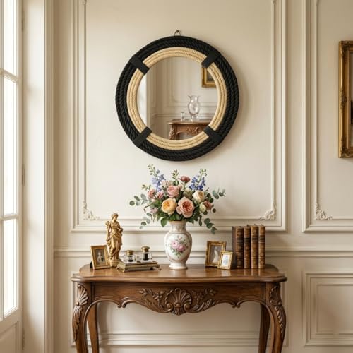 12" Inch Round Rustic Farmhouse Boho Shabby Chic Wall Hanging Mirror with Natural Jute Rope Decor Accent for Entryway, Bedroom, or Living Room (Color 1) - color: Color 1
