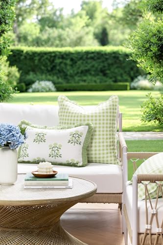 Hofdeco Premium Grandmillennial Coastal Hampton Patio Indoor Outdoor Throw Pillow Cover Only, 20"x20" Water Repellent for Backyard, Couch, Poolside, Grass Green Print Gingham - color: Grass Green Gingham 20"x20"