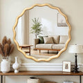 Circle Wood Mirrors for Wall, Wavy Round Bathroom Scalloped Mirror Wooden Frame 30 Inch for Living Room Farmhouse Bedroom Hallway Entryway Living Room with Shatterproof Glass Wall Mounted - size: 30"L x 30"W