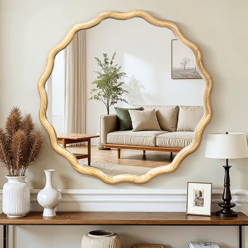 Circle Wood Mirrors for Wall, Wavy Round Bathroom Scalloped Mirror Wooden Frame 30 Inch for Living Room Farmhouse Bedroom Hallway Entryway Living Room with Shatterproof Glass Wall Mounted - size: 30"L x 30"W