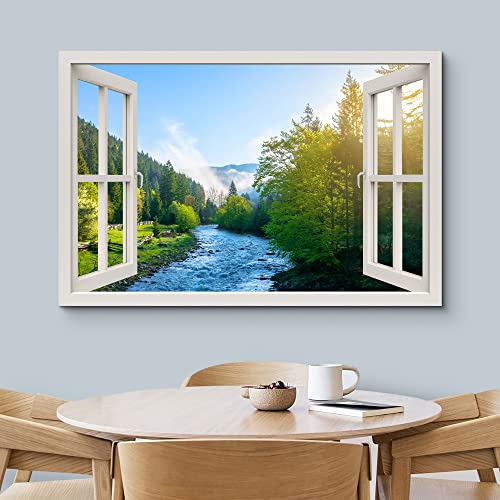 wall26 Canvas Print Wall Art Window View River Rapids Bright Green Forest Trees Wilderness Nature Photography Realism Scenic Landscape Colorful Multicolor for Living Room, Bedroom, Office - 12"x18" - color: A34-2204-est13, size: 18"L x 12"W