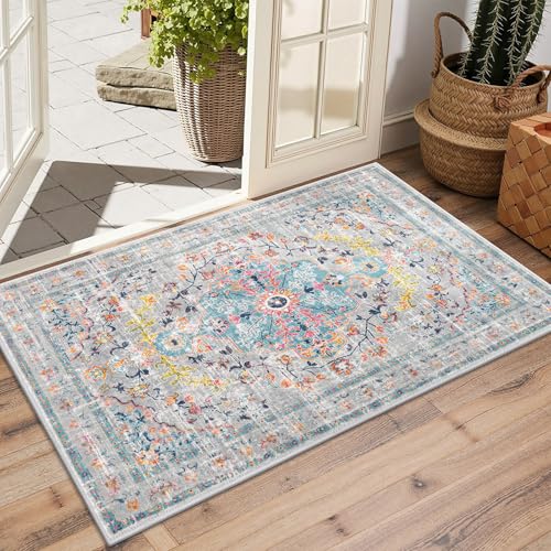 Pauwer Boho Washable Area Rug 2x3 Soft Living Room Bedroom Floor Carpet Mat Indoor Farmhouse Vintage Non Slip Accent Throw Rugs for Entryway Kitchen Dorm Dining Room - color: Grey Multi, size: 2' x 3' (Rectangular)