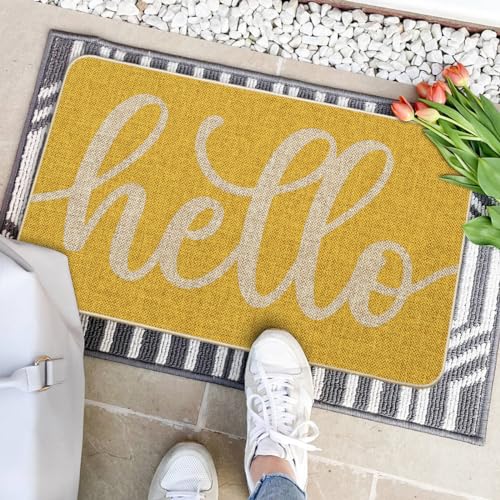 Artoid Mode Yellow Hello Spring Doormat, Summer Home Decor Low-Profile Switch Rug Door Mat Floor Mat for Indoor Outdoor 17x29 Inch - color: Yellow, size: 17" x 29"