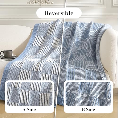 Amélie Home Knit Throw Blanket, Soft Chenille Cozy Breathable Dual Tone Checkered Chunky Decorative Blanket for Couch, Bed & Sofa, French Lightweight Warm Gift for Women, Washed Blue, 60"x80" - color: Checkered Blue&ivory, size: Dual Tone Checkered Knit 6
