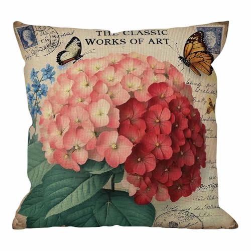 HGOD DESIGNS Throw Pillow Cover Ixora Flower with Vintage Butterfly Stamp Old Style Letter Yellow Pink Green Home Decorative Pillow Cases Cotton Linen Square Cushion Covers for Sofa Couch 18x18 Inch - color: Pillow 69