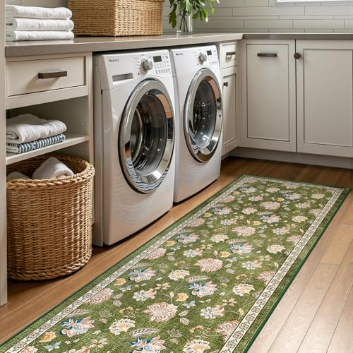 jinchan Elora 3x8 Floral Runner Rug for Hallway Washable Kitchen Runner Vintage Romance Design Non Slip Thin Indoor Floor Cover Low-Profile Throw Carpet for Entryway Bathroom Bedroom Porch, Green - color: Bloom Green, size: 3' x 8' (Light Weight)