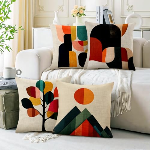 BVBOX Set of 4 Linen Throw Pillow Covers 18"x18", Soft Flax Mid-Century Modern Abstract Decorative Pillow Cases, Double-Sided Retro Geometric Pillow Covers for Bed, Sofa, Couch, Living Room, Bedroom - color: Colorful Geometry