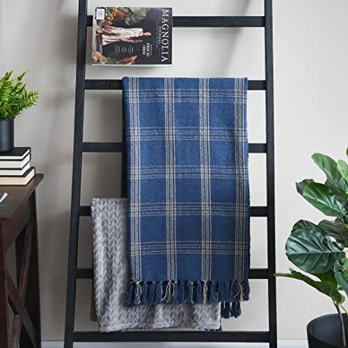 Creative Co-Op Recycled Cotton Blend Throw Blanket with Fringe, Blue Plaid - color: Blue, size: One Size