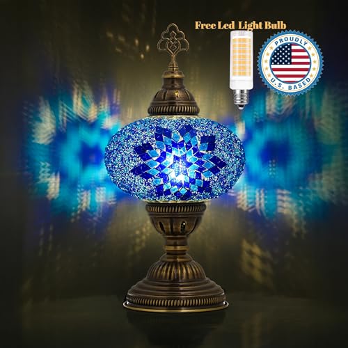 Turkish Lamp, Mosaic Table Lamp, Antique Moroccan Decorative Glass Bohemian Vintage Lamp Shade, Small Desk Tiffany Bedside Stained Glass Lamp with US Plug and E12 Socket - color: Blue-39