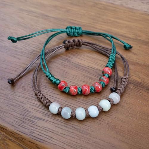 Handmade Green Boho Bracelets for Women, Bohemian Ceramic Beads Bracelets for Friends, Trendy Porcelain Stone Beaded Bracelets for Sisters - color: white and red
