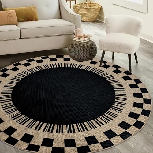 Easy Jute Checkered Rug, 5Ft Round Modern Indoor Outdoor Farmhouse Carpet, Washable Non-Slip Thin Neutral Floor Mat for Living Room Patio Kids Pets Room Playroom Home Office Kitchen, Black - color: Black Checker, size: 5'