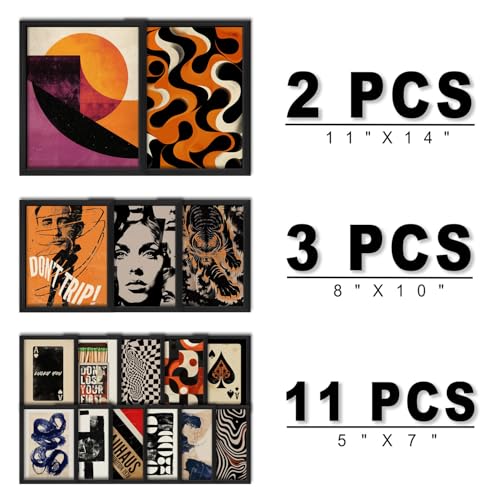 ANERZA 16 PCS Framed Retro 70s Wall Art Decor, Eclectic Vintage Wall Prints for Bedroom, Gallery Wall Frame Set, Abstract Posters for Living Room Aesthetic, Collage Kit, 60s 80s 90s Dorm Home Artwork - color: Orange, size: 12"x15" Framed