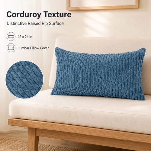 JoraLion 12x24 Boho Decorative Lumbar Throw Pillow Cover, Blue Cozy Soft Striped Corduroy Long Rectangle Cushion Case Accent Home Decor for Sofa Bed Room Livingroom, ONLY Cover - color: Blue, size: 24" x 12" (Pack of 1)