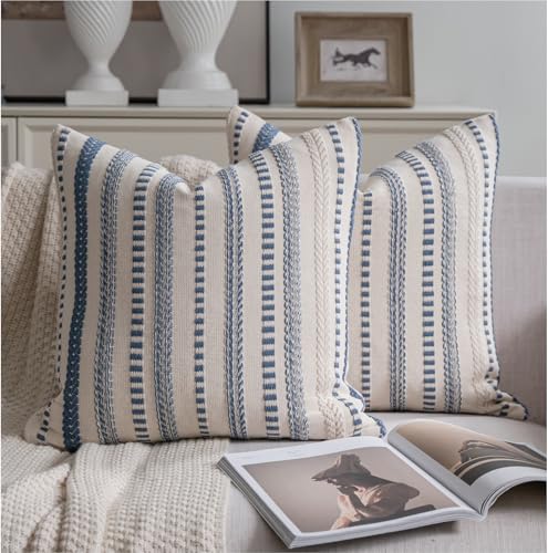 Cethom Blue and Beign Boho Throw Pillow Covers 22x22 Inch Set of 2, Stripe Textured Decorative Couch Pillow Cases for Bed, Sofa, Living Room, Bedroom, Farmhouse Home Accent Cushion Covers - color: Blue, size: 22" x 22" (Pack of 2)