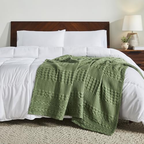 VHC Brands 100% Cotton Waffle Weave Olive Green Throw 50x60, Decorative Cotton Throw Blanket, Boho Farmhouse Bedroom, Living Room Decor for Bed, Couch, or Sofa - color: Olive Green, size: Throw (50"x60")