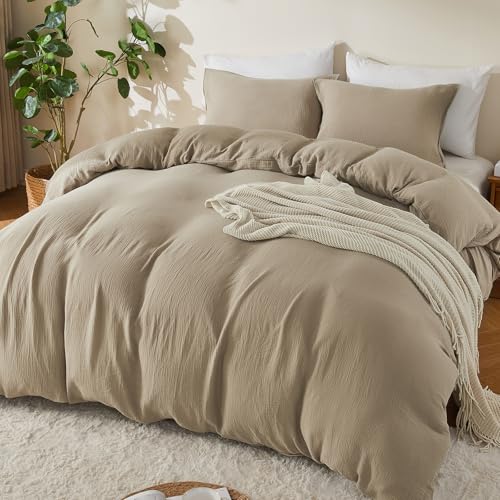 EMME Muslin Cotton Duvet Cover Set Khaki King Size Linen Like Soft Breathable Lightweight Summer Comforter Cover Set with Zipper Closure (Khaki, King, 104"x90") - color: 09 - Khaki, size: King(104"×90")