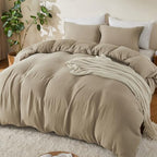 EMME Muslin Cotton Duvet Cover Set Khaki Queen Size Linen Like Soft Breathable Lightweight Summer Comforter Cover Set with Zipper Closure (Khaki, Queen, 90"x90") - color: 09 - Khaki, size: Queen(90"×90")