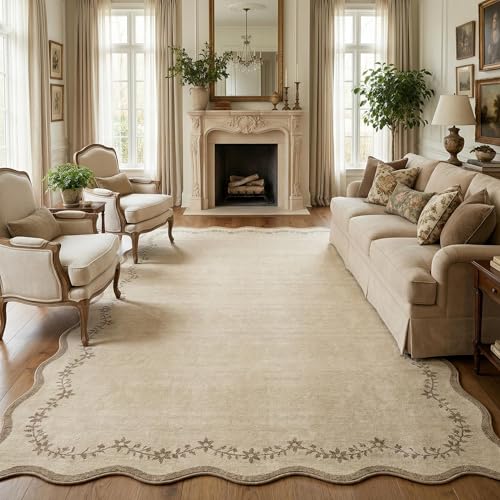 GarveeHome Scalloped Area Rugs 8x10 for Living Room, Solid Tan Jute Large Washable Rug Soft Non Slip Backing Floor Mat Carpet Indoor Thin Rug for Bedroom Dining Room Playroom Nursery Home Decor - color: Jute, size: 8' x 10' (Rectangular)