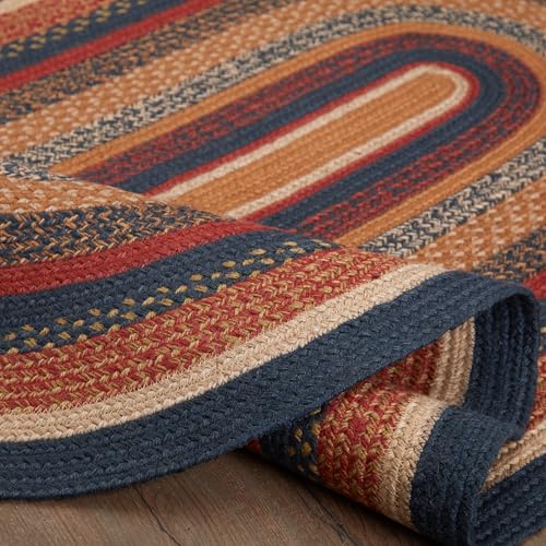 VHC Brands Stratton Primitive Jute Blue Striped Accent Rug Oval Decor w/Floor Pad 36"x60" - size: 36x60