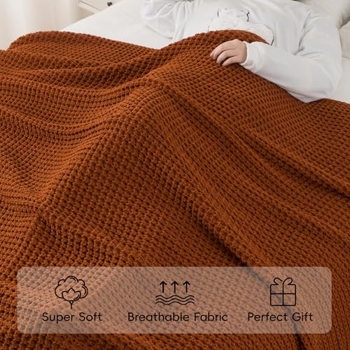 Bunnikins & Clover Knitted Waffle Blanket Throw, Fall Throw Blanket for Home Decoration, Caramel Throw Blanket for Couch, 50"x60" - color: Caramel, size: 50"x60"