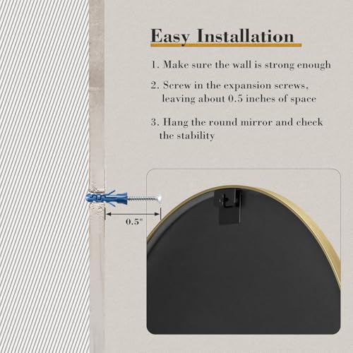 NEWBULIG 28IN Round Bathroom Wall Mirror, Modern Vanity Mirrors for Over Sink, HD Glass Decorative for Entryway, Bedroom & Living Room, Anti-Rust, Tempered Glass, Hanging or Leaning, Gold - color: Gold, size: 28"L x 28"W