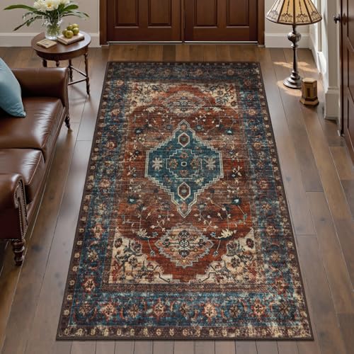 Tangsoo Vintage Rug 2x4 Washable for Entryway BlueNon Slip Small Area Rug, Dark Blue Orange Indoor Front Door Rust Blue - color: Rust/Blue, size: 2' X 4' (Runner)