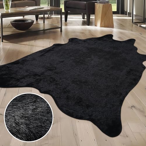 Black Faux Fur Cowhide Rug, Cow Hide Cow Print Rug for Living Room Bedroom 4.6x5.2 Feet - Animal Print Cow Skin Rustic Western - color: Black, size: 4'7" x 5'2" (Rectangular)