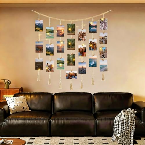 Macrame Hanging Photo Display Wall Decor, Bohemian Style,Picture with String Lights, Featuring a 30-Clip Teen Girl College Bedroom Living Room Classroom