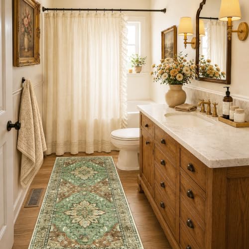 RELEANY Area Rugs Runner 2'x6' Washable Non-Slip, Floral Vintage Distress Medallion Carpet for Kitchen Hallway Bedroom Beside Laundry Room Bathroom, Terracotta Burnt Orange Green - color: Brick/Brown/Green, size: 2' X 6' (Runner)