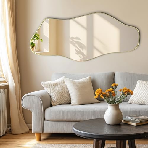 Irregular Wall Mirror, 47.2"x21.6" Gold Asymmetrical Frameless Mirror, Modern Organic Shaped Mirrors for Living Room Bedroom Hallway Entryway, Horizontal or Vertical Hanging - color: Gold, size: 47.2"L x 21.6"W