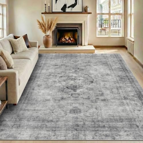 Homemate Washable Rug 10x14 Area Rugs - Vintage Faux Wool Rugs for Living Room Bedroom Dining Room - Non Slip Foldable Carpet Indoor Area Rug for Home Decor（10'x14', Black - color: Black, size: 10x14 ft